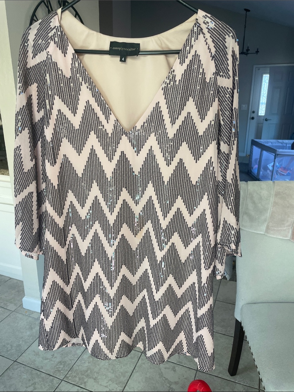 Corey Lynn Calter Blush Pink and Black Sequin V-Neck Dress